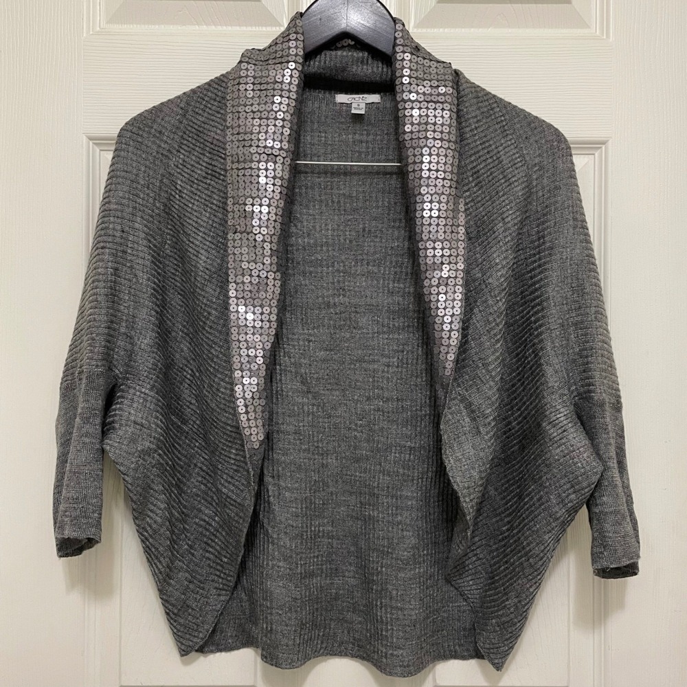 Vintage Cache Draped Open Front Cardigan Sweater Gray Wool Blend Sequin Trim S - Picture 6 of 9